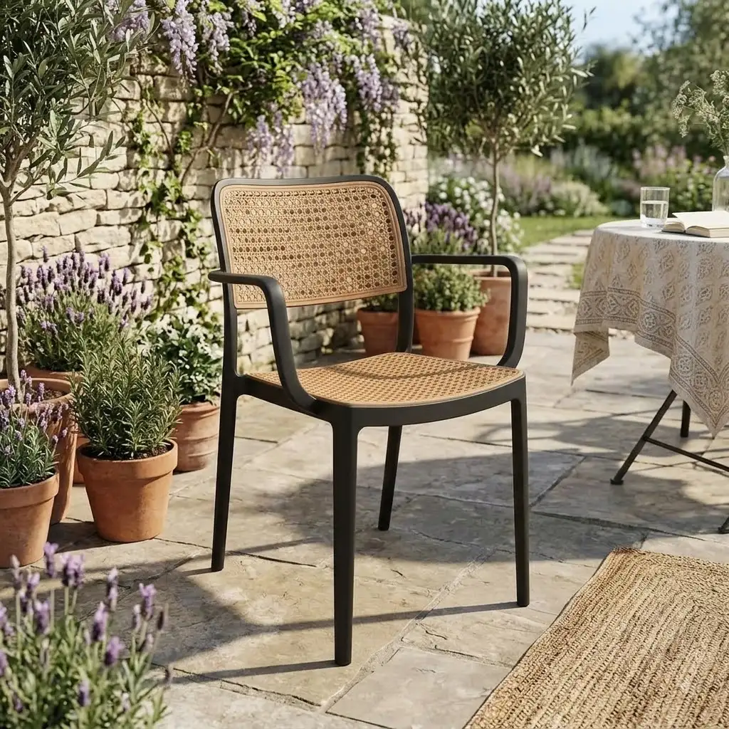 Riva cafe chair black frame with natural cane seat and backrest